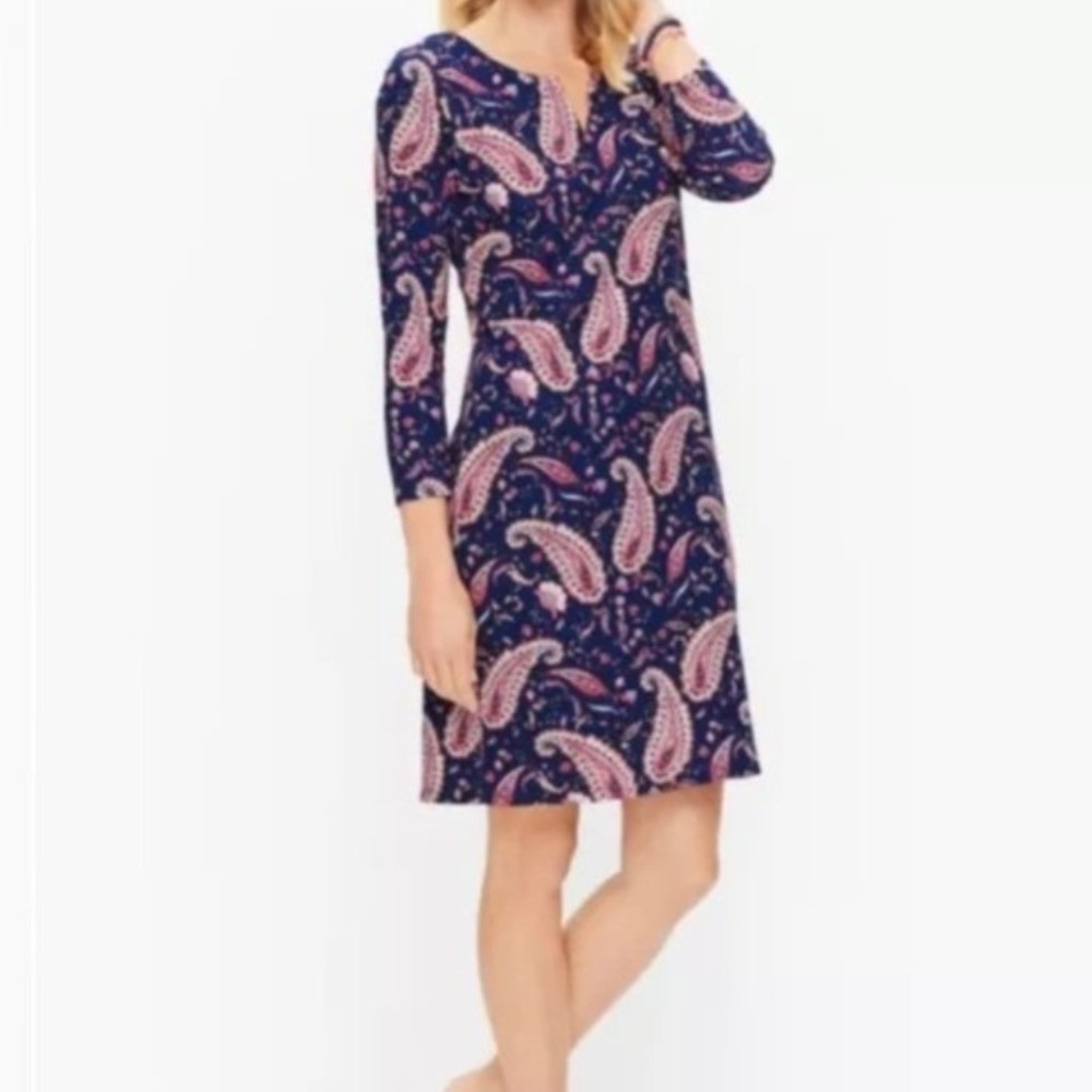 Talbots Petite Navy Pink Paisley Knit Split‎ Neck 3/4 Sleeve Sheath Dress SP